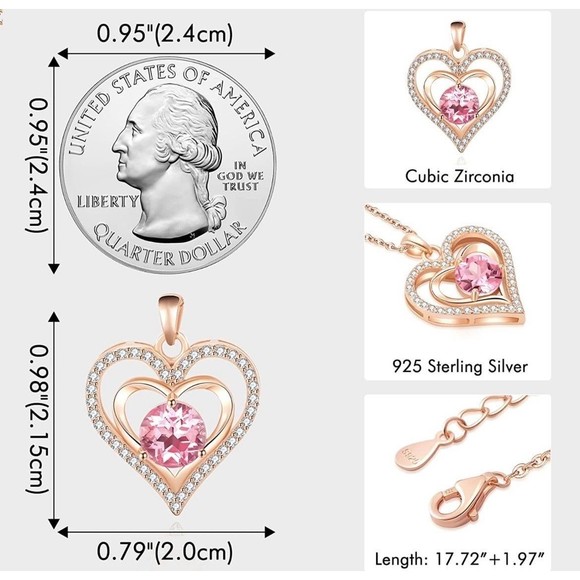 Heart Birthstone Necklace For Women- Opal Pink - Picture 5 of 5